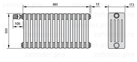 Схема (чертеж) Радиатор Zehnder Charleston 5050/15 №V012 Белый глянцевый RAL 9016